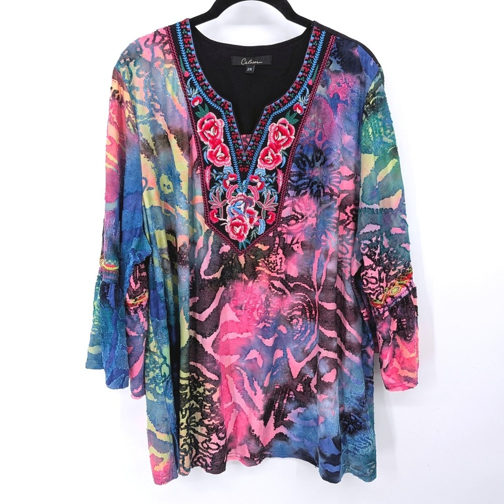 Calessa Tunic Top Women 2X Multicolor Embroidered Colorful Bell Sleeve Artsy